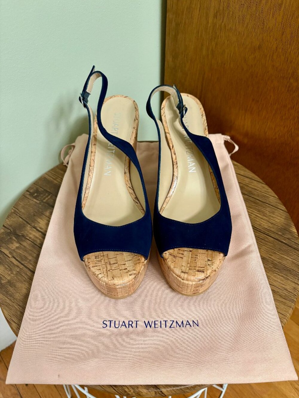 Stuart Weitzman Navy Suede Slingback Wedge Sandals, Size 11
